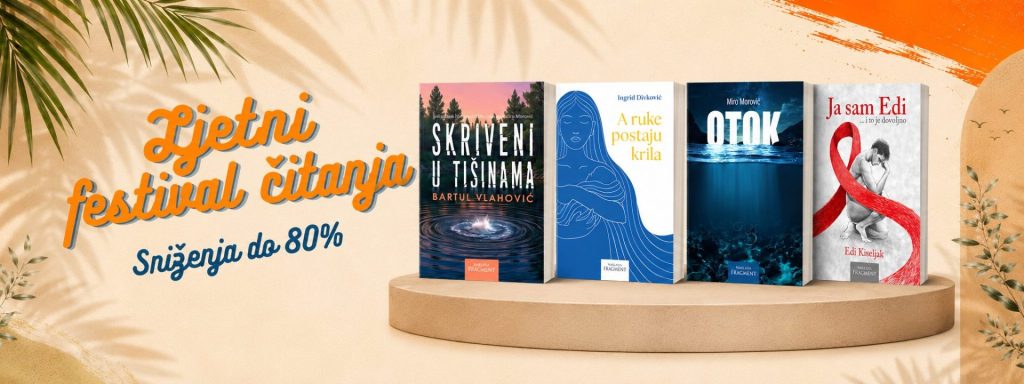 Ljetna akcija banner - Naklada Fragment - Naklada Fragment Promotional banner: four book covers on a beige pedestal with a tropical background, announcing'Ljetni festival čitanja' and 'Sniženja do 80%'.